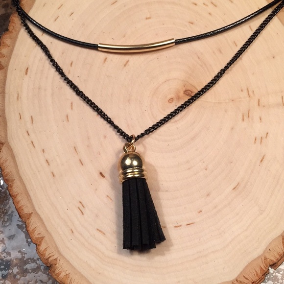Black choker tassle black gold choker boho NEW double layer choker necklace - Picture 4 of 10